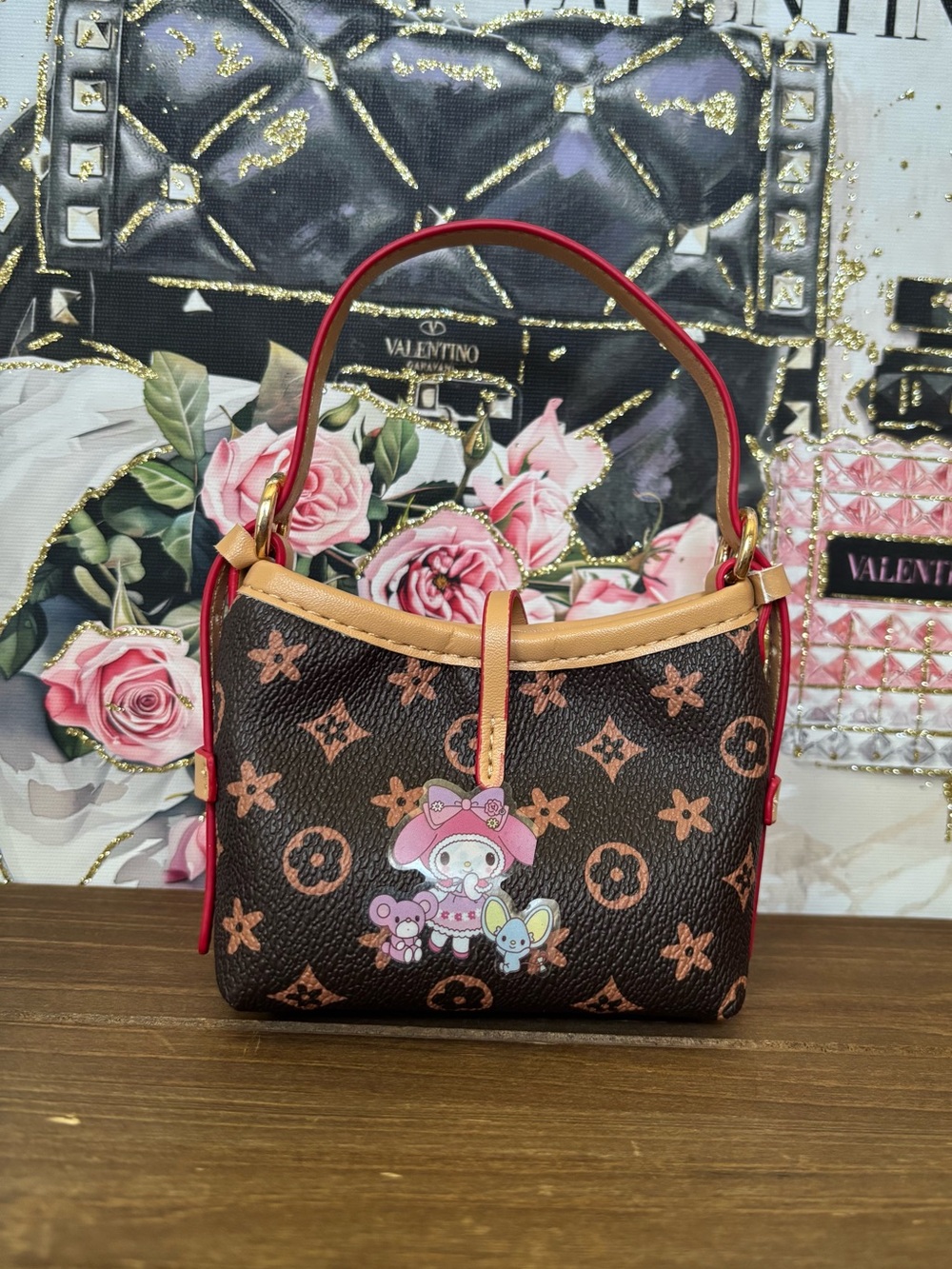Brown Patterned Bucket Mini Bag with Tan accents. - Picture 3 of 3
